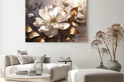 Obraz: Biały kwiat 3d ze złotymi liśćmi elegancka kompozycja