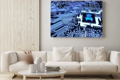 Obraz: Błękitny obwód deski zbliżenie łączył jednostka centralna z rozjarzonym