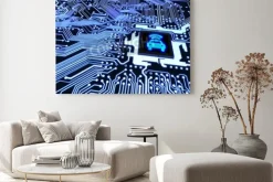 Obraz: Błękitny obwód deski zbliżenie łączył jednostka centralna z rozjarzonym