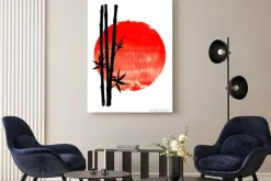 Obraz: Black silhouette of bamboo plants on big red sun