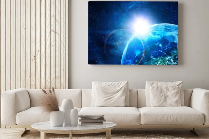 Obraz: Blue earth w przestrzeni z wschodzącego słońca