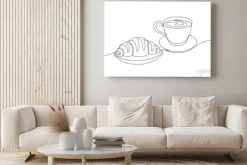 Obraz: Breakfast with croissant and coffee drawn in one line style.