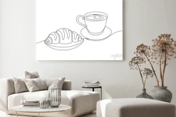 Obraz: Breakfast with croissant and coffee drawn in one line style.