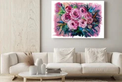 Obraz: Bukiet różowych róż w stylu oleju na płótnie