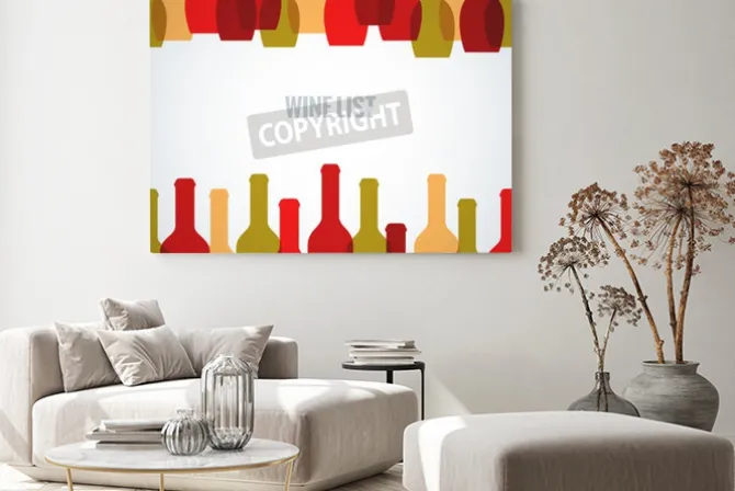 Obraz: Butelki wina i kieliszki w odcieniach czerwieni żółci i zieleni