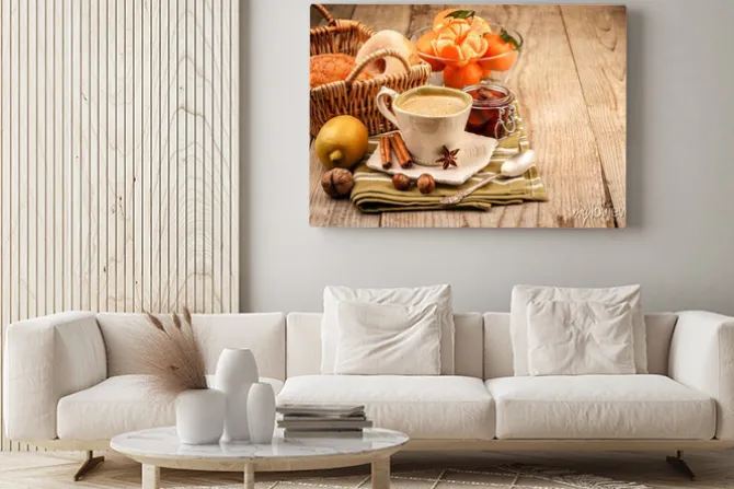 Obraz: Cappuccino kawy w filiżance i owoce na śniadanie