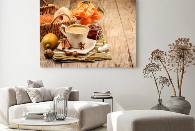 Obraz: Cappuccino kawy w filiżance i owoce na śniadanie