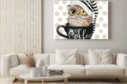 Obraz: Cartoon owl is sitting in a cup of coffee
