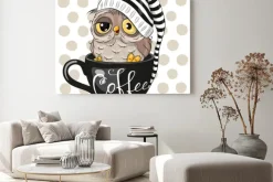 Obraz: Cartoon owl is sitting in a cup of coffee