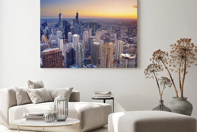 Obraz: Chicago. widok z lotu ptaka centrum chicago o zmierzchu z wysokim
