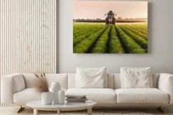 Obraz: Ciągnik opryskiwanie pola sojowego na wiosnę