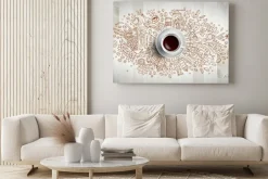 Obraz: Coffee concept on wooden background - white coffee cup, top view