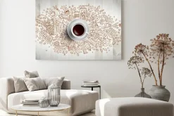 Obraz: Coffee concept on wooden background - white coffee cup, top view