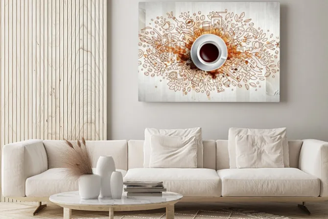 Obraz: Coffee concept on wooden background - white coffee cup, top view