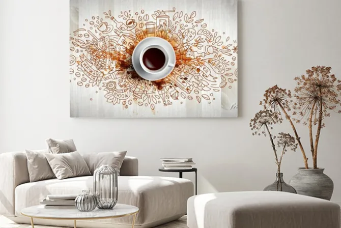 Obraz: Coffee concept on wooden background - white coffee cup, top view