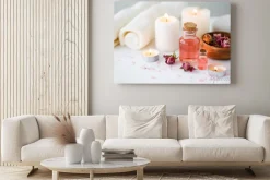 Obraz: Concept of spa treatment in salon. natural organic oil, towel,