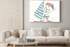 Obraz: Cute baby bear windsurfer cartoon hand drawn vector illustration.