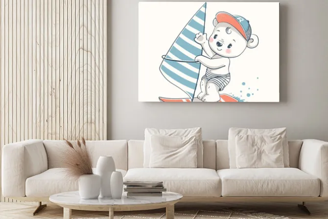 Obraz: Cute baby bear windsurfer cartoon hand drawn vector illustration.