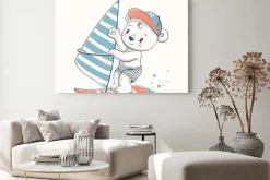 Obraz: Cute baby bear windsurfer cartoon hand drawn vector illustration.