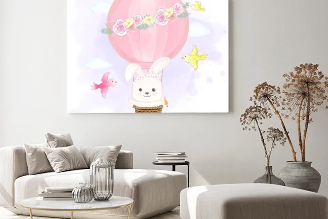 Obraz: Cute rabbit floating on hot air balloon and birds hand drawn