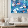 Obraz: Cute watercolor background with ships, reefs, balloon and clouds.