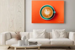 Obraz: Cyan coffee cup over orange background. top view flat lay with