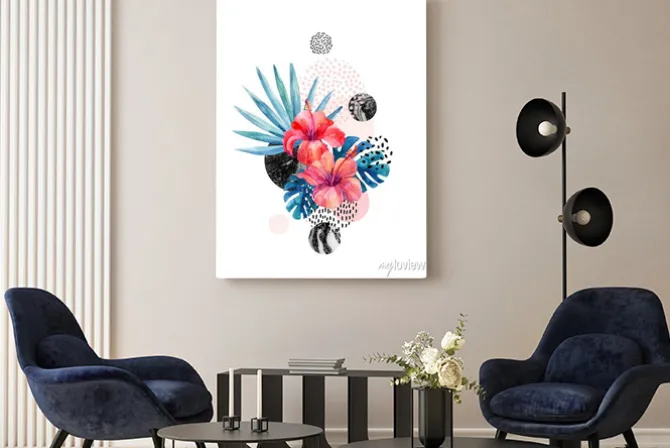 Obraz: Dekoracja z hibiskusami i liśćmi