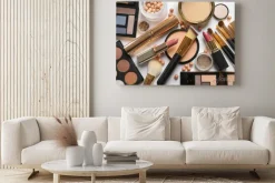 Obraz: Different luxury makeup products on white background, top view