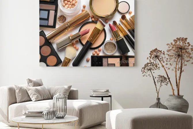 Obraz: Different luxury makeup products on white background, top view