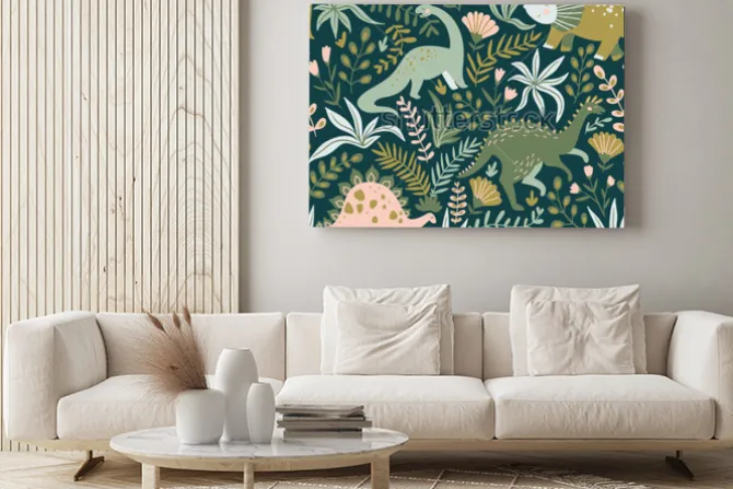 Obraz: Dinozaury wśród liści i kwiatów