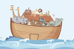 Obraz: Łódka pełna zwierząt bujająca na falach