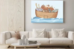 Obraz: Łódka pełna zwierząt bujająca na falach