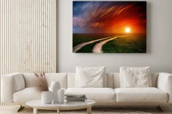 Obraz: Droga w polu z chmury i słońce zaszło