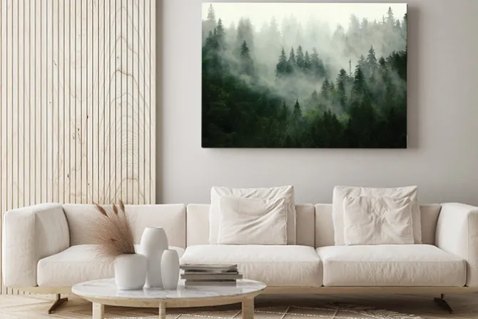 Obraz: Drzewa iglaste we mgle górski zielony las