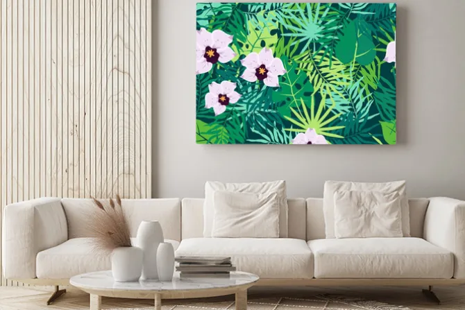 Obraz: Dżungla szwu z tropikalnych liści i orchidei.