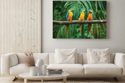 Obraz: Egzotyczne papugi na tle tropikalnych liści i roślin