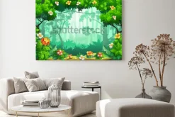 Obraz: Fantastyczny las kwiatów, bajeczna dżungla, tropik. tło wektor.