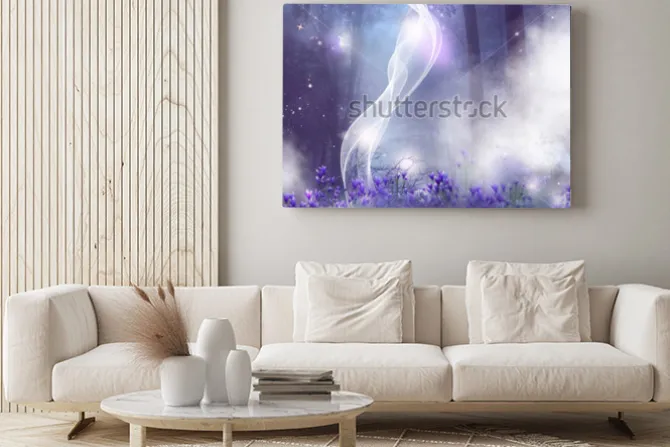 Obraz: Fantasy tło z fioletowymi kwiatami i magicznymi efektami.