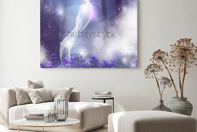 Obraz: Fantasy tło z fioletowymi kwiatami i magicznymi efektami.