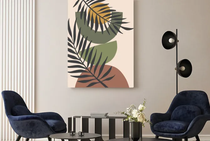 Obraz: Figury geometryczne i liście w stylu boho