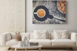 Obraz: Filiżanka kawy espresso z cukrem, widok z góry, retro nastrojony