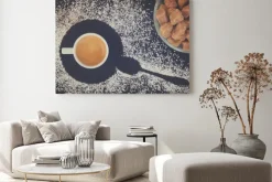 Obraz: Filiżanka kawy espresso z cukrem, widok z góry, retro nastrojony