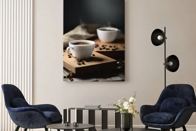 Obraz: Filiżanki do kawy i ziarna kawy