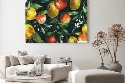 Obraz: Gałązki cytryn i pomarańczy na czarnym tle