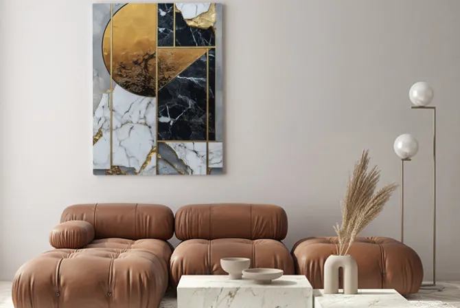 Obraz: Geometryczna abstrakcja z marmurem i złotymi akcentami