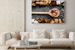 Obraz: Gotowanie słodyczy zestaw z cukru w łyżki na tle tabeli kuchni