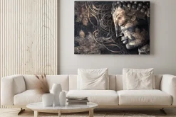 Obraz: Głowa buddy z profilu ze złotymi kwiatami i mandalą na ciemnoszarym