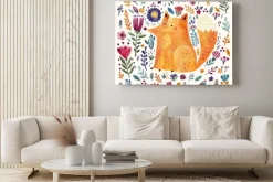 Obraz: Hand drawn illustration with cute fox, flowers and leaves. spring