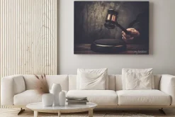 Obraz: Hold młotek sędziowski na drewnianym stole