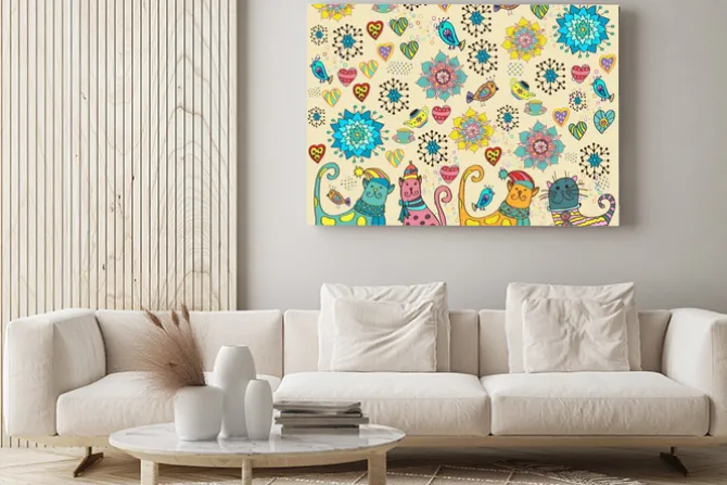 Obraz: Jasne tło z kotów, kwiatów i serca